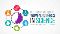 Logo zum Internationalen Tag von Frauen und Mädchen in der Wissenschaft mit Symbolen aus Naturwissenschaften.